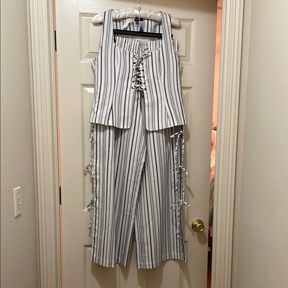 White with Navy Blue Striped Pantsuit with Slim Fit
